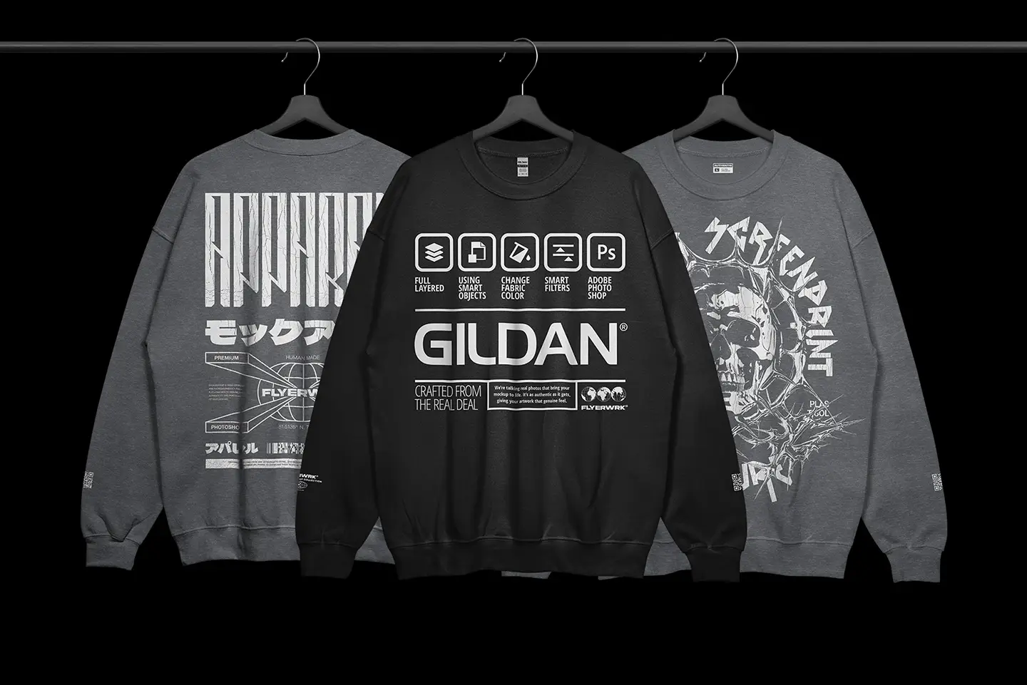 Gildan 18000 Crewneck Hanging mockup with multiple design examples