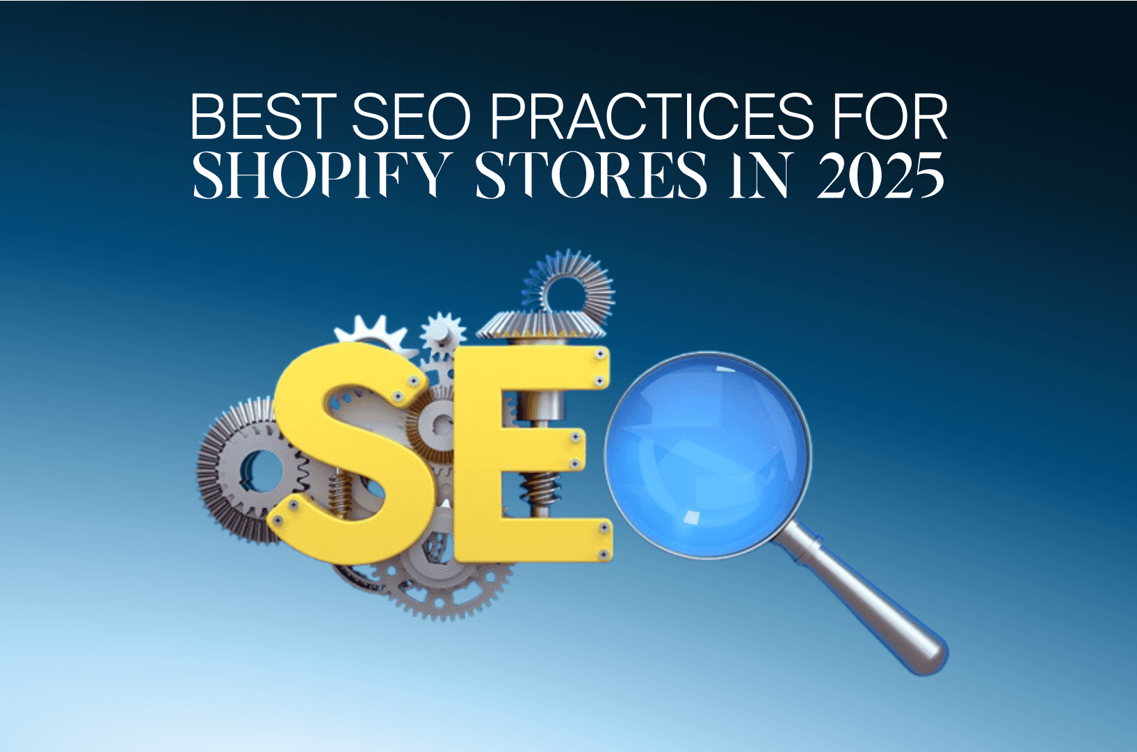Gelbe SEO-Buchstaben mit Zahnrädern und Lupe, Cover zu SEO-Best-Practices für Shopify-Shops