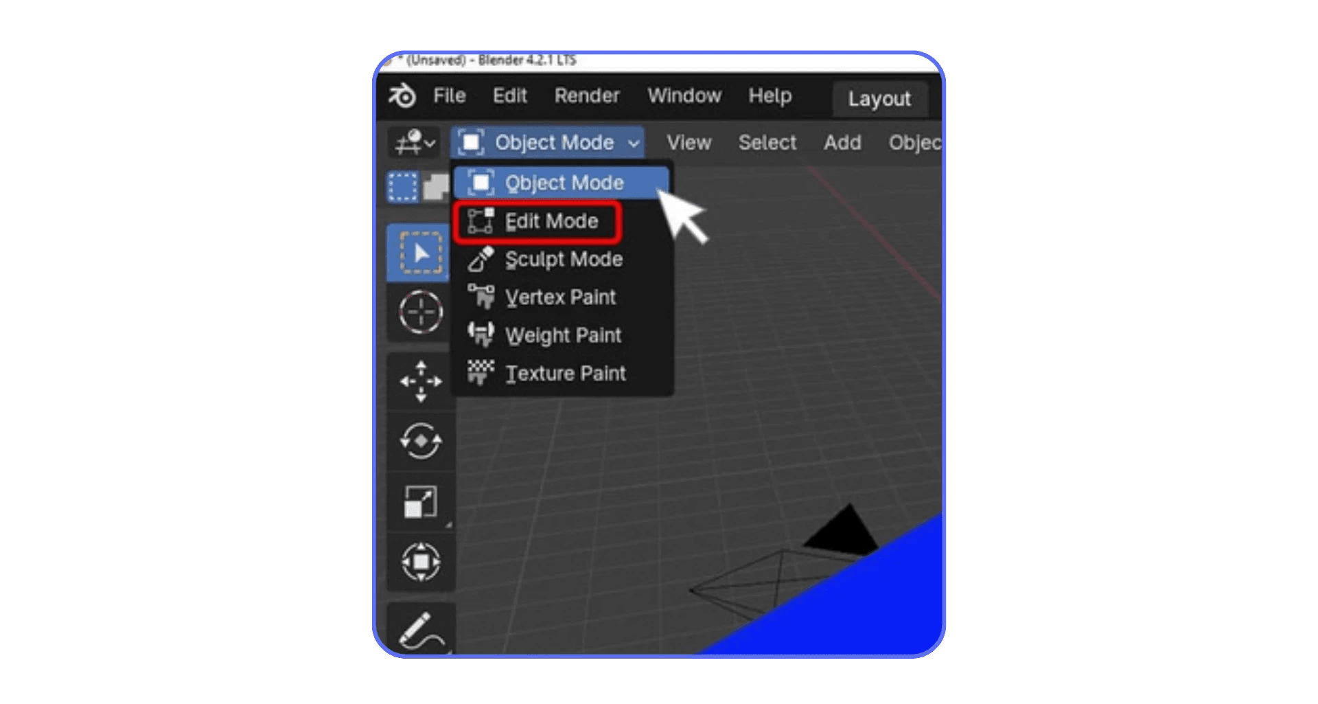 Switching from object mode to edit mode in Blender using the mode dropdown menu