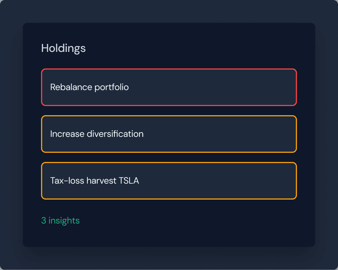 Smart recommendations card showing 3 portfolio optimization insights