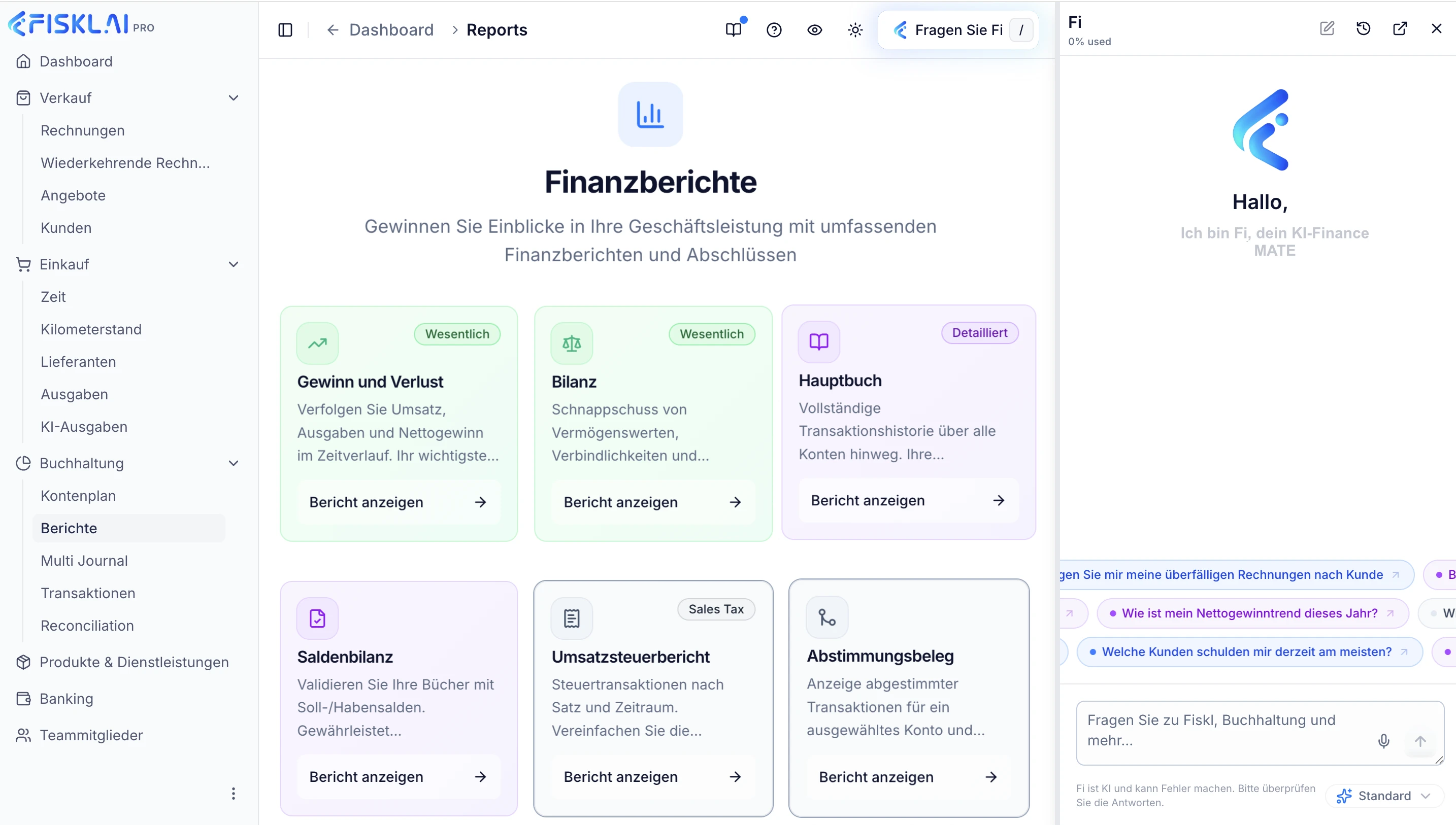 FISKLAI-Berichtsübersicht mit sechs Berichtstypen: Gewinn und Verlust, Bilanz, Hauptbuch, Saldenbilanz, Umsatzsteuerbericht und Abstimmungsbeleg, ergänzt um KI-Assistent "Fi" für Buchhaltungsfragen