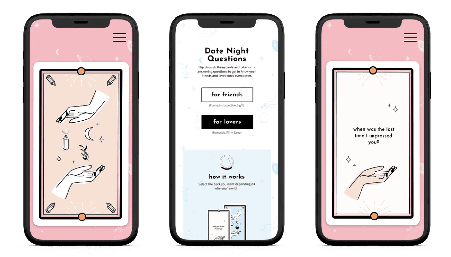 Date Night Questions app on three mobile phones