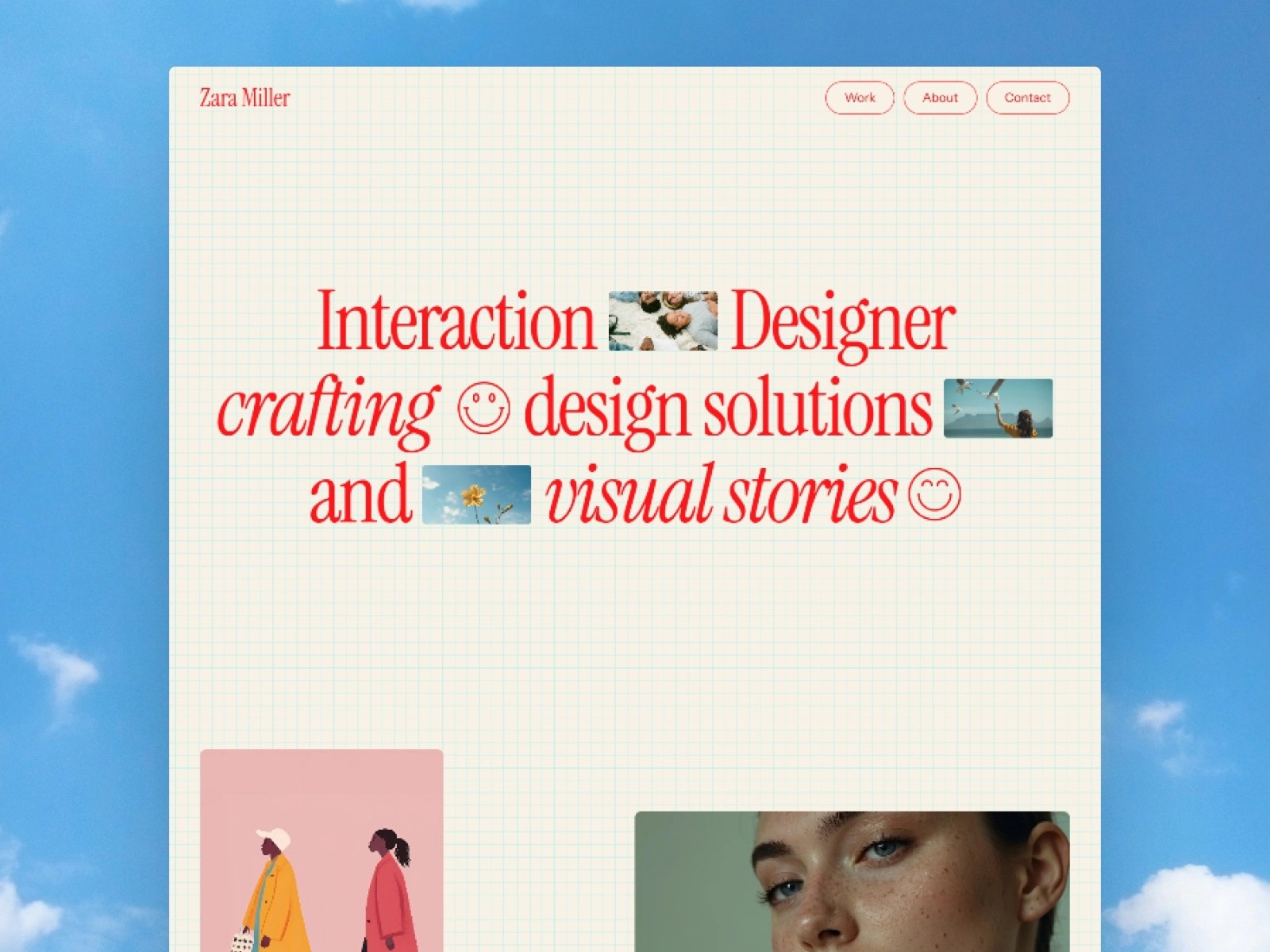 Interactive designer's webpage with red text on a grid background.