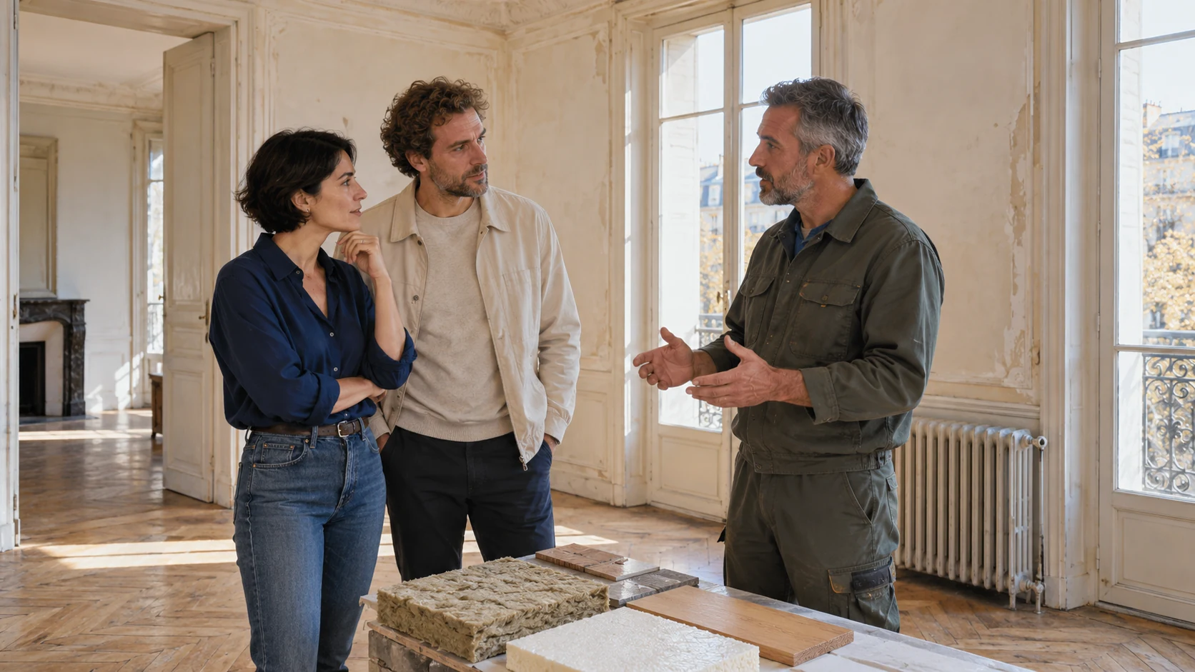 Dans un appartement ancien à rénover, un couple échange avec un artisan près d’échantillons d’isolation.