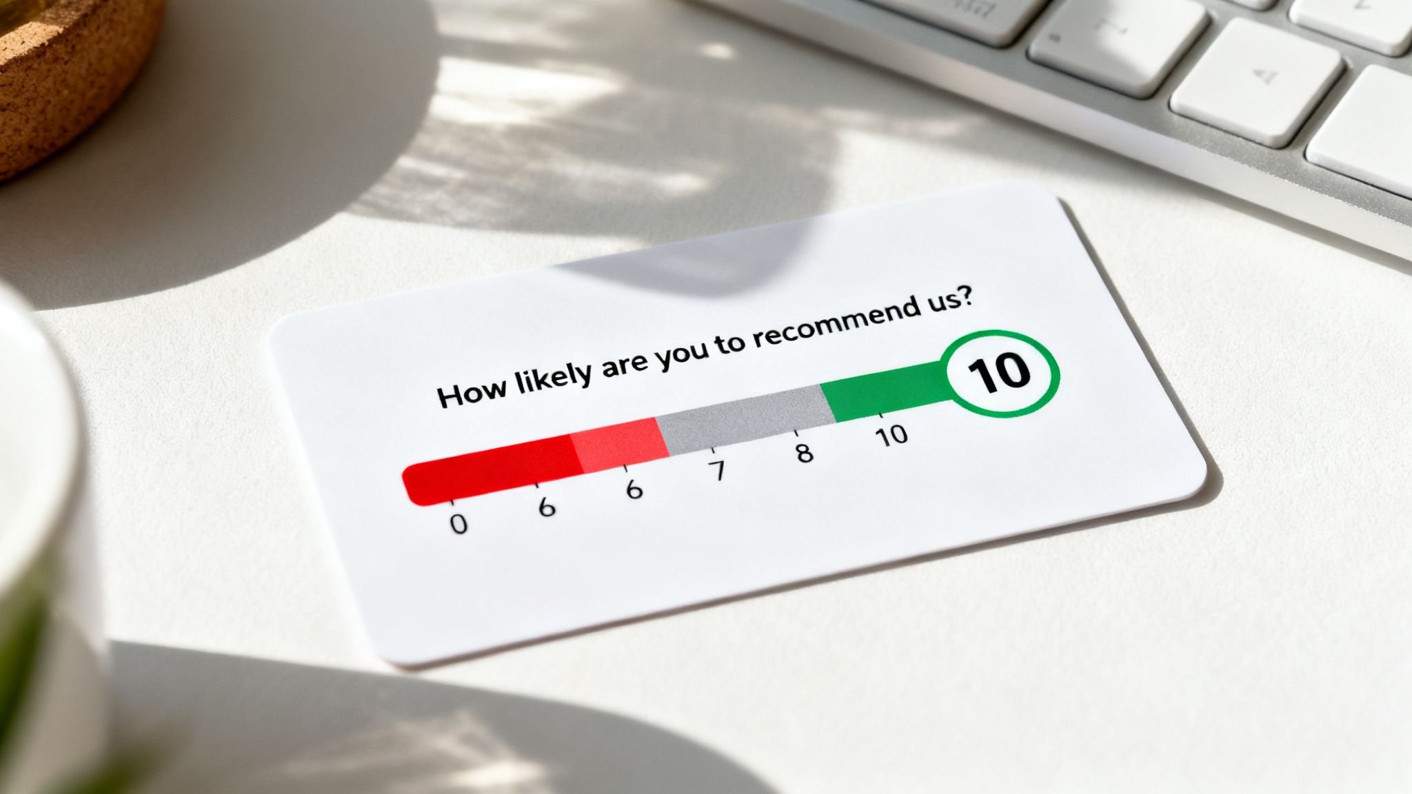Customer satisfaction survey card asking 'How likely are you to recommend us?', with a perfect score of 10 selected.