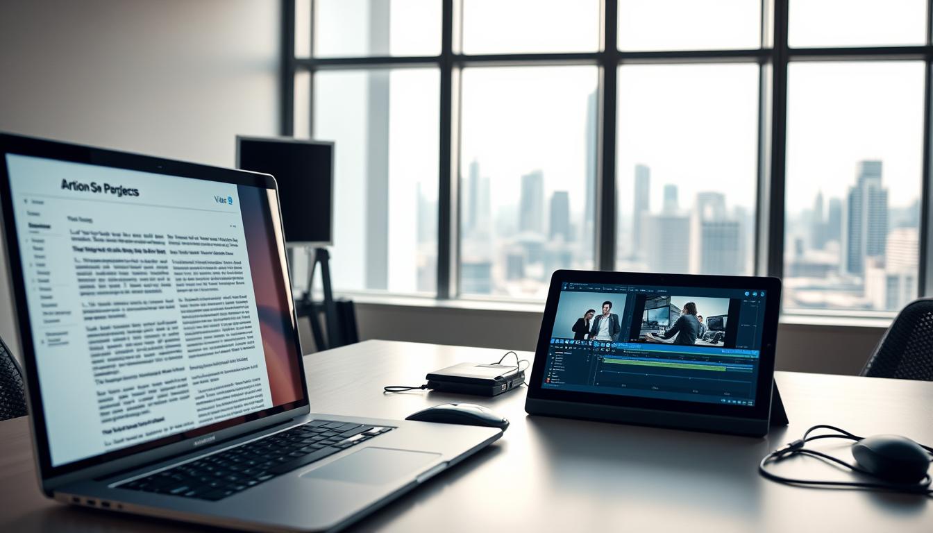A modern office workspace with a sleek, minimalist design. In the foreground, a laptop screen displays an article, its content gradually transforming into a dynamic video presentation. Soft, directional lighting illuminates the scene, creating a sense of focus and productivity. The middle ground features a clean, uncluttered desk with a mouse, keyboard, and a tablet displaying video editing tools. In the background, a large window overlooks a bustling city skyline, suggesting the wider context and potential reach of the video content. The overall atmosphere conveys a sense of efficiency, technology, and the seamless integration of written and visual media.