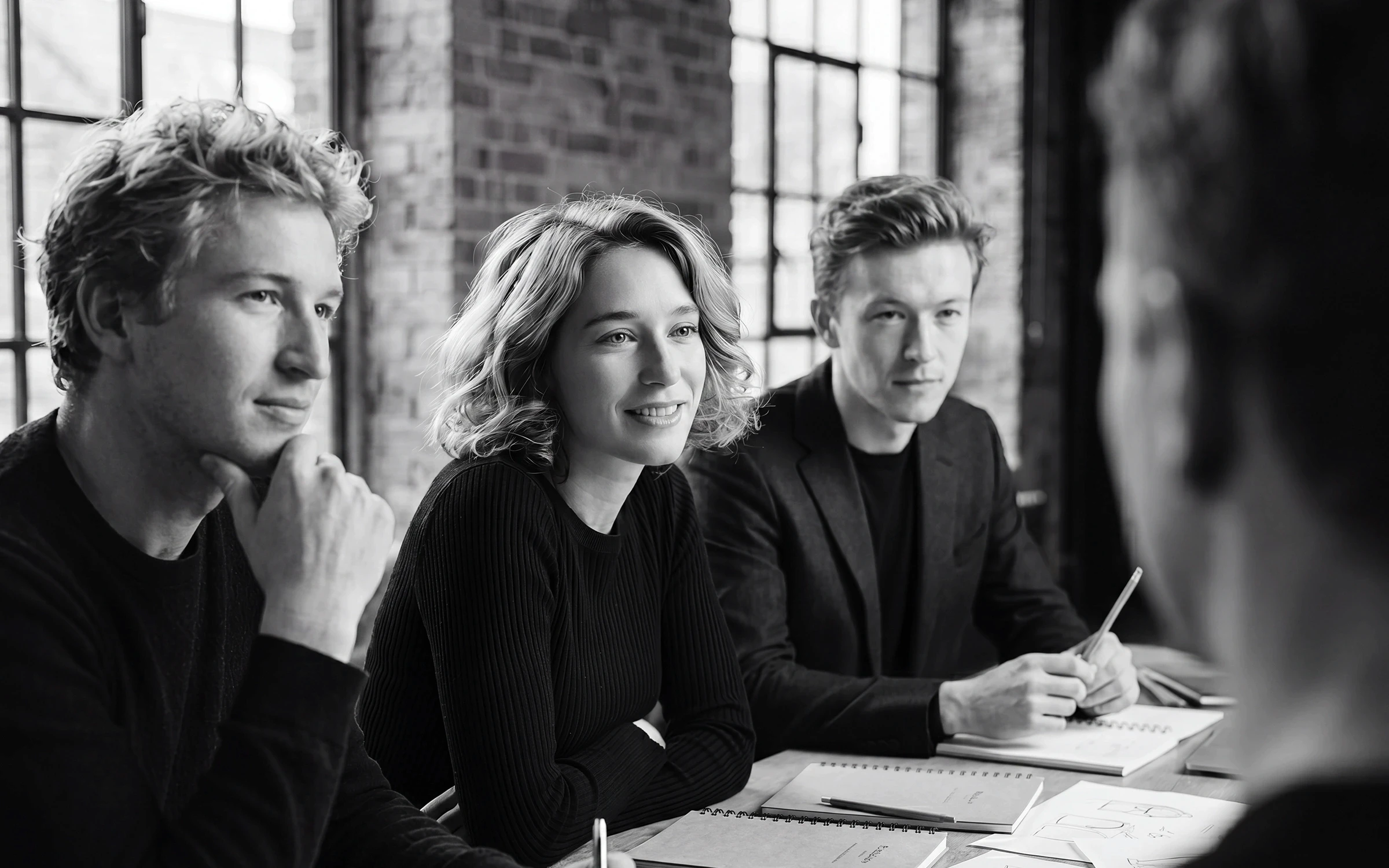 Three professionals in black attire sit at a table in a modern, brick-walled office, engaged in a collaborative discussion.