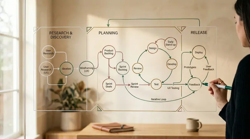 Diagrama de flujo organizado en un panel de vidrio que integra procesos ágiles, Scrum y el ciclo de diseño UX en un entorno cálido y minimalista.