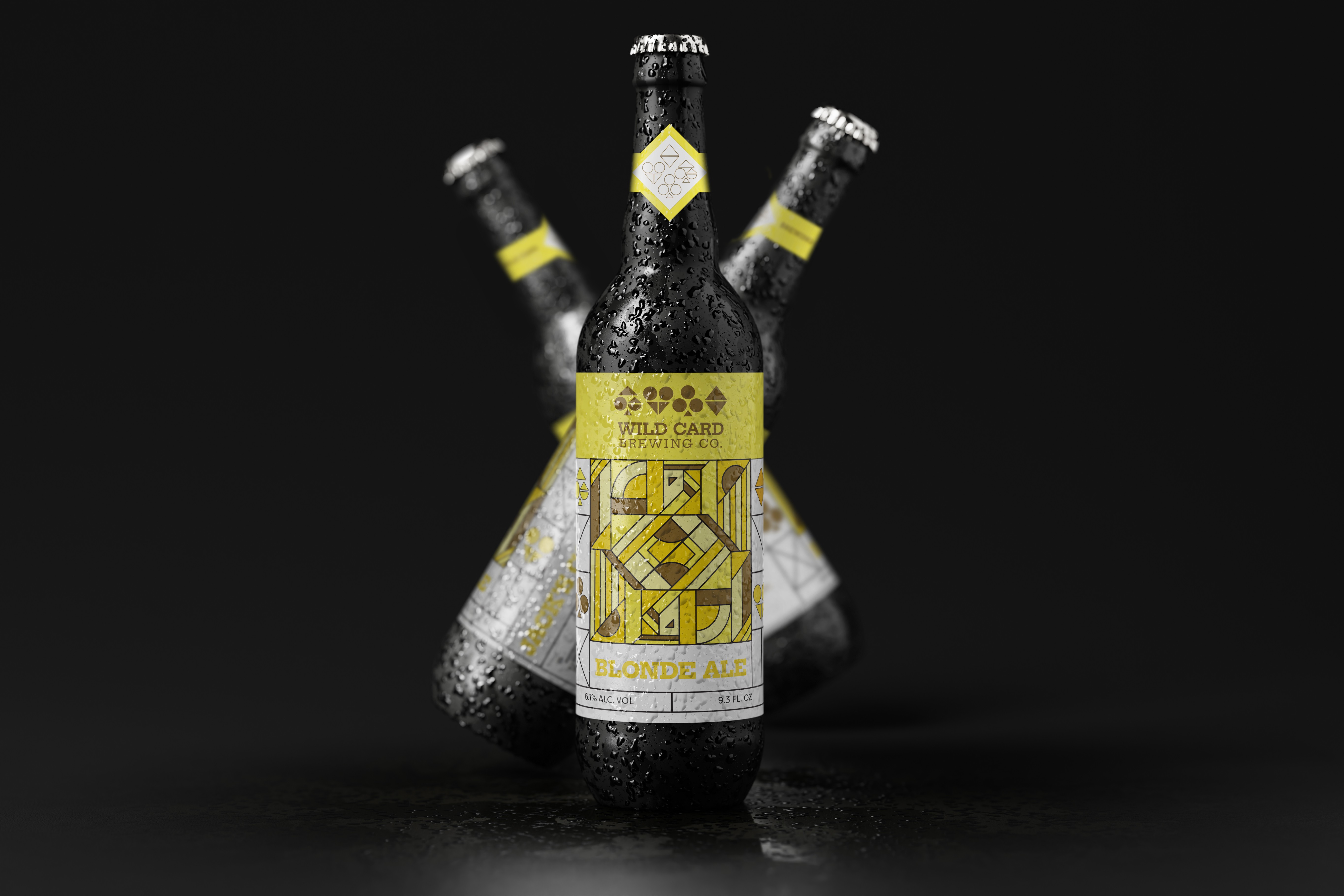 Mockup of the yellow label design shown on beer bottles. Different perspective are displayed to show the whole design of the label on the bottle.