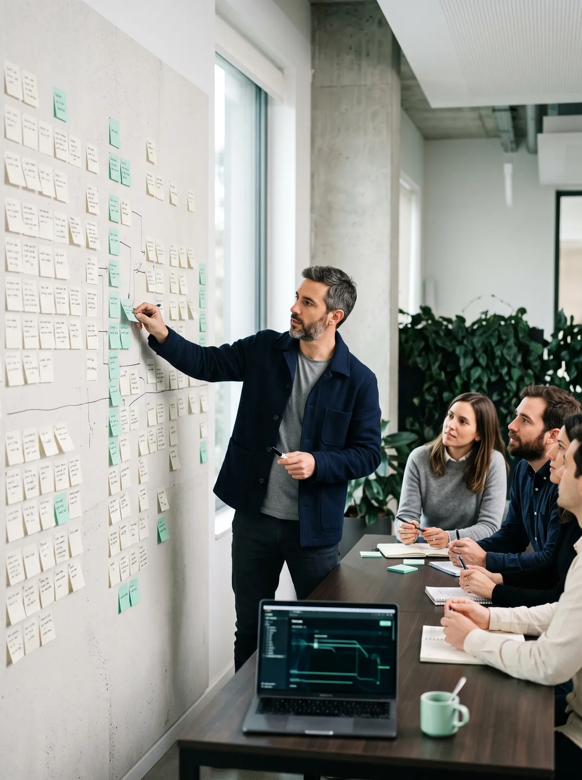 A Quiver strategist mapping a client's week on a wall of notes while the team watches