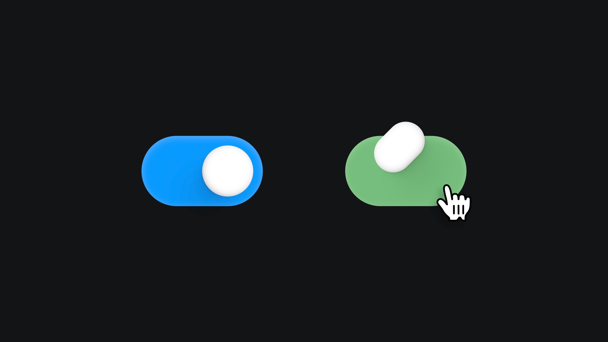 Two toggle switches on a black background, one blue and off, the other green and on with a hand cursor activating it