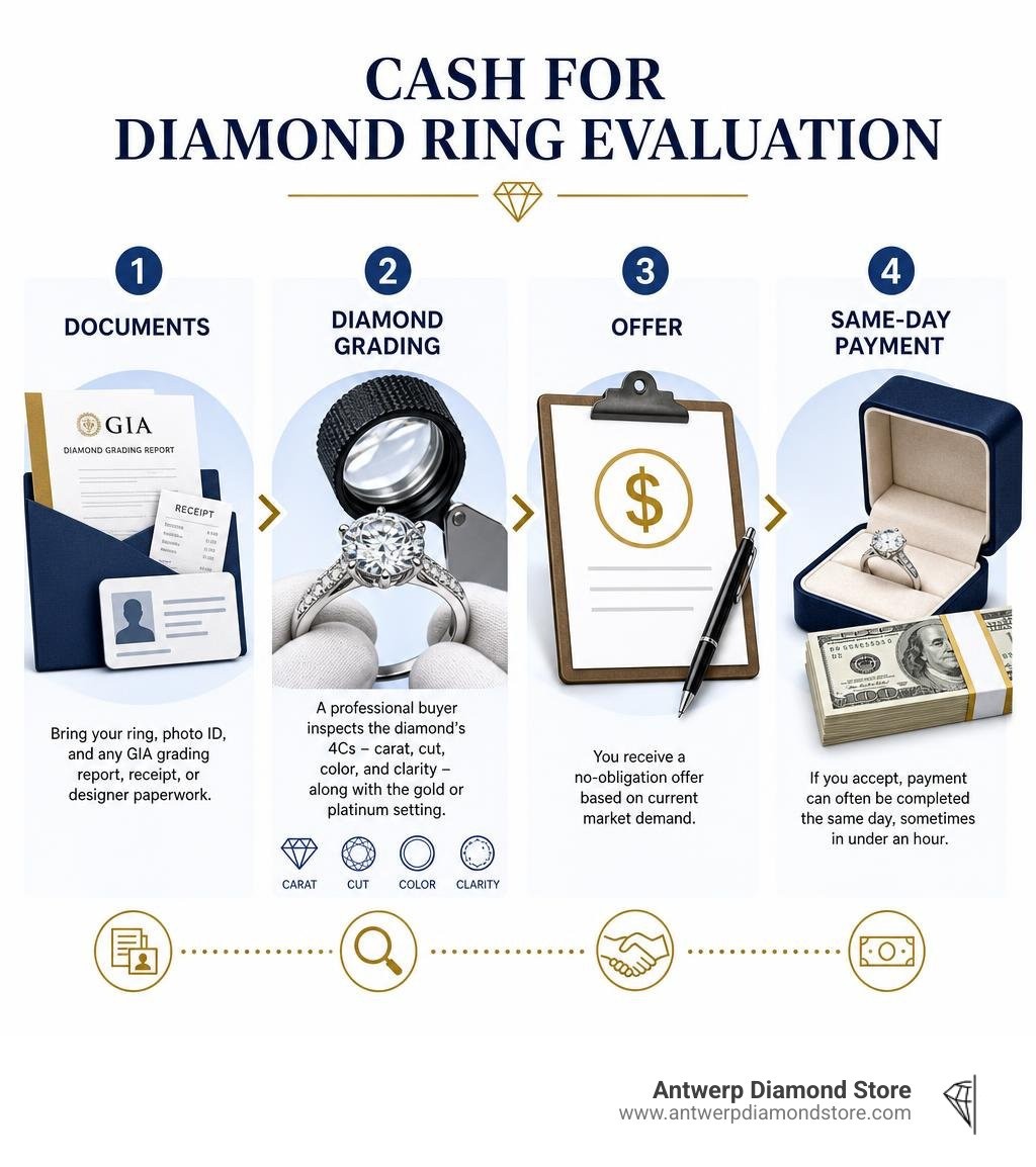Cash for diamond ring evaluation: documents, diamond grading, offer, same-day payment infographic