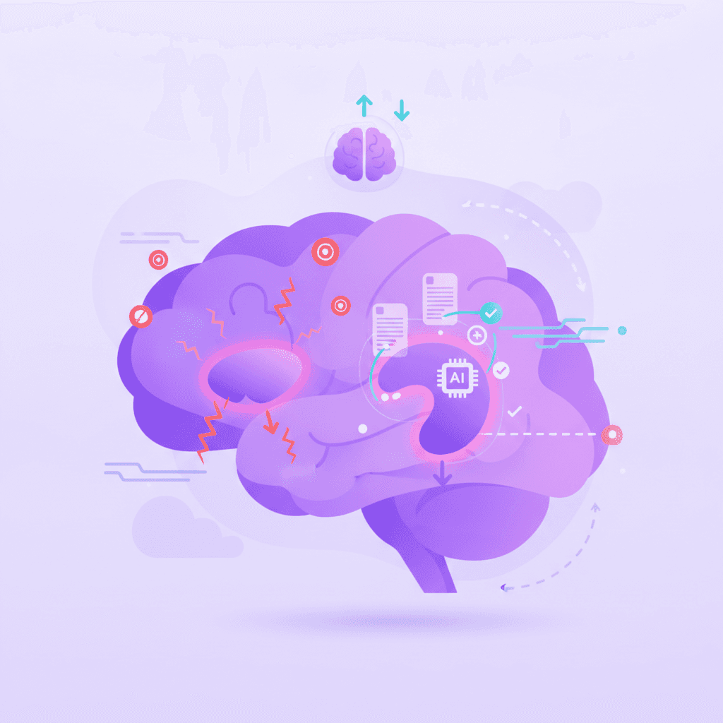 Anatomical illustration of the brain highlighting the amygdala and hippocampus during a stress response.