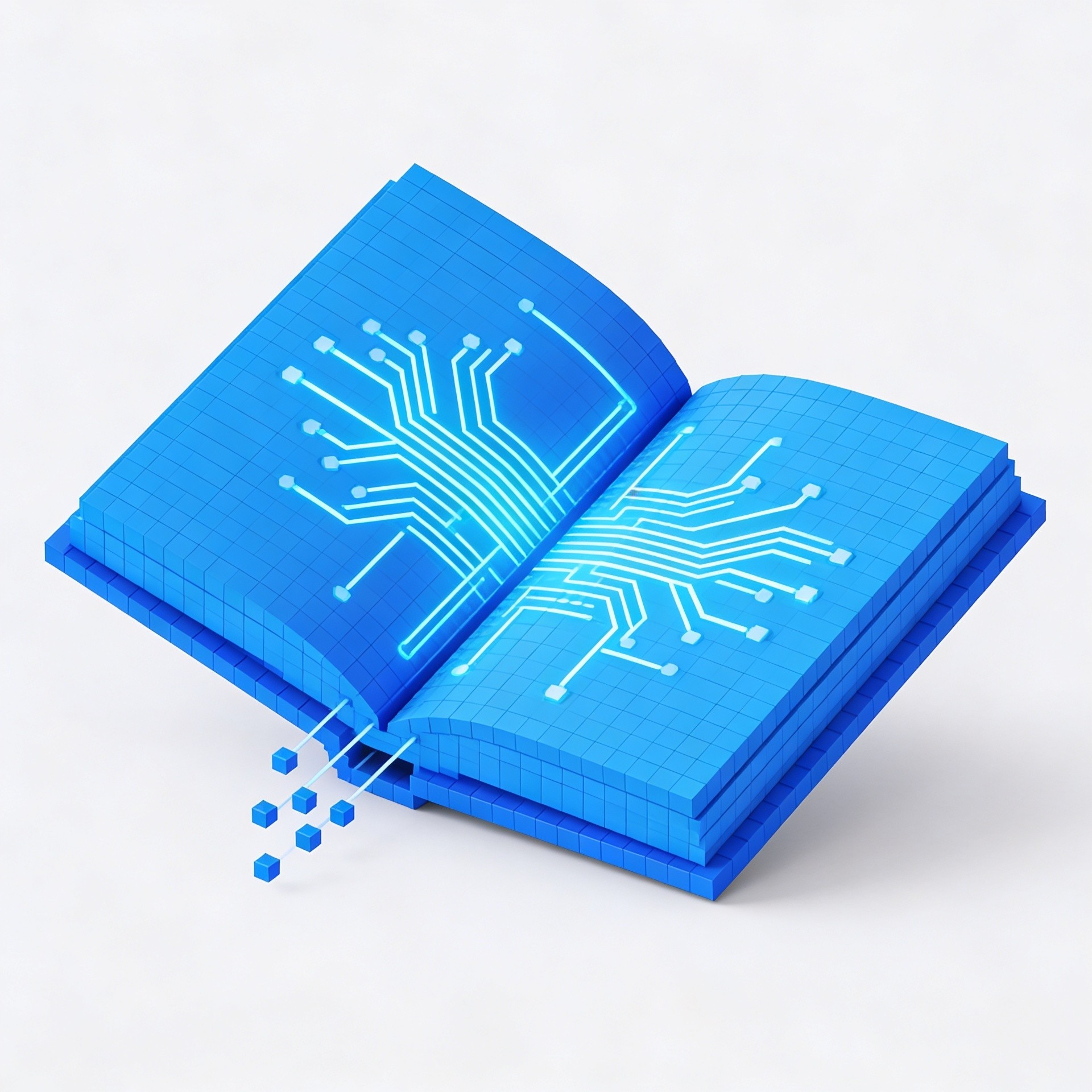 Blue voxel book symbolizing AI in digital publishing