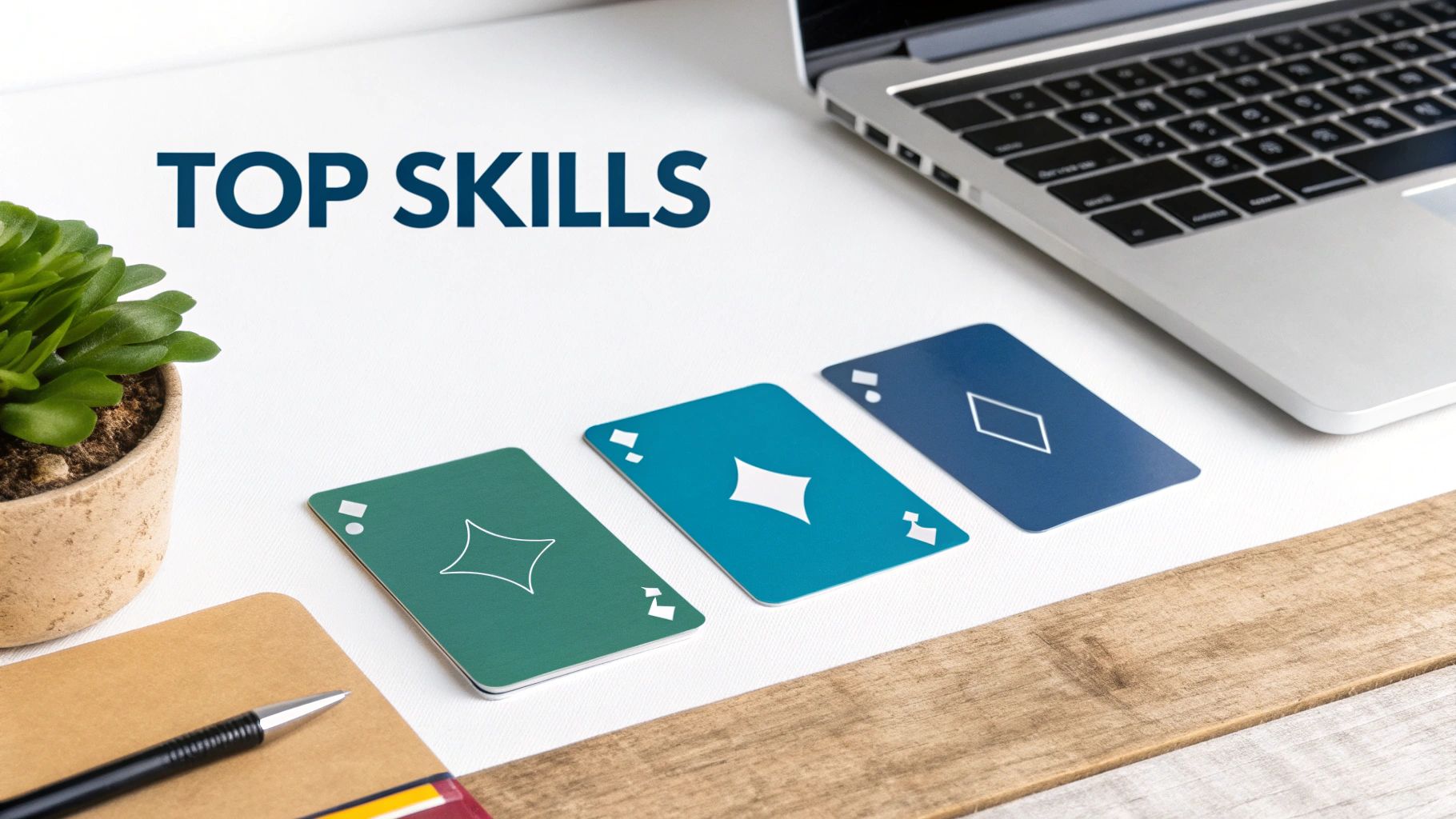 Desk setup with 'TOP SKILLS' text, laptop, plant, and three diamond playing cards.