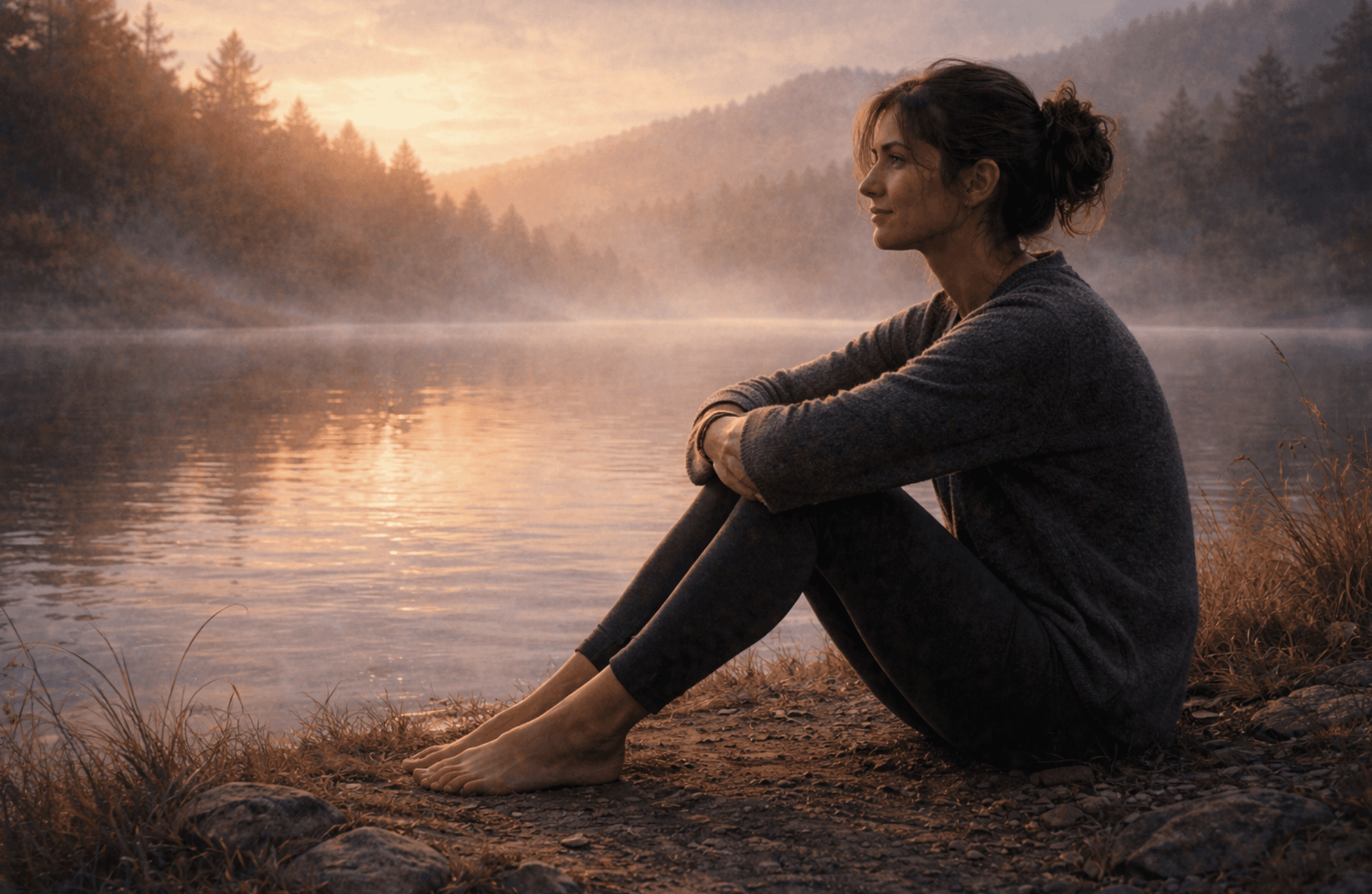 Person sitting peacefully by a lake at sunrise with an open, relaxed posture, symbolizing decreased pain sensitivity and improved nervous system regulation