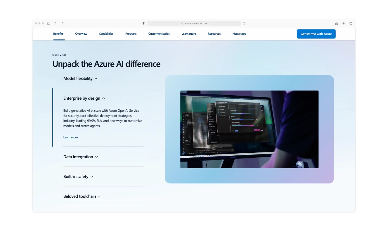 A Microsoft Azure AI webpage showing features like flexibility and enterprise integration, with a screen displaying AI customization tools.