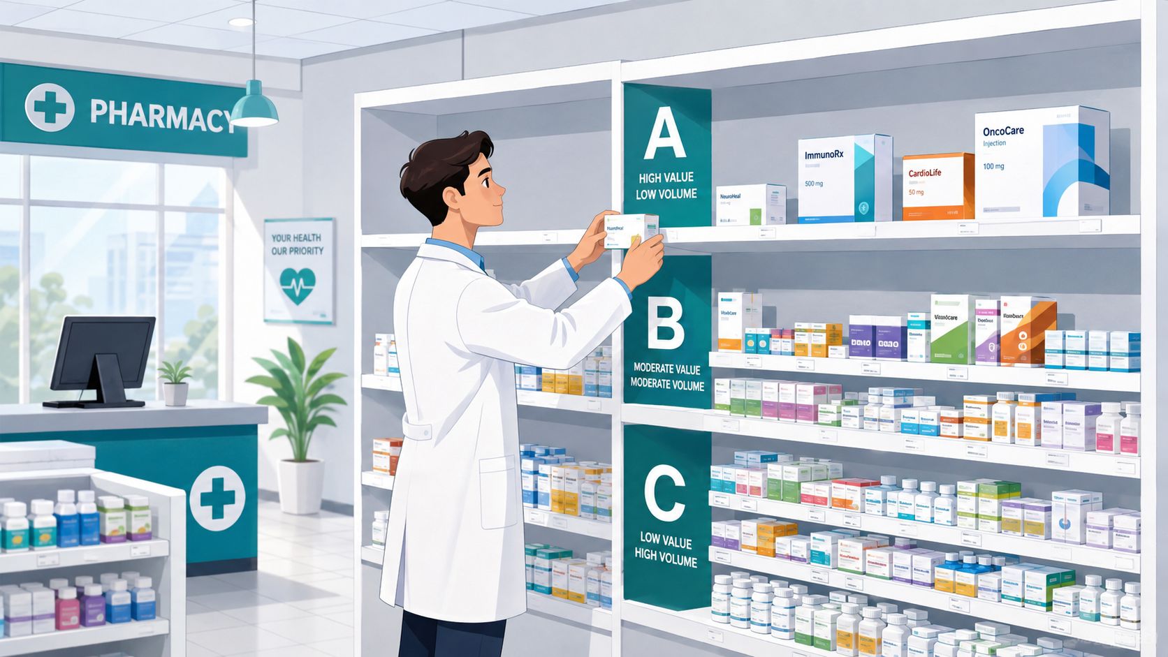 Ilustración de una farmacia con estanterías organizadas por el método ABC, mostrando medicamentos en categorías A, B y C.