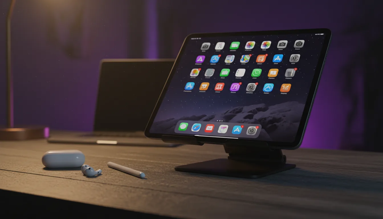 DSLR photograph of an Apple iPad Pro in landscape orientation on a black stand, placed on a dark, textured desk. The screen is on, showing a colorful grid of app icons. An Apple Pencil and a white wireless earbud case are in the foreground. The scene features moody, cinematic lighting with a warm ambient glow from a lamp on the left and a purple accent light in the background. The focus is sharp on the iPad, with a soft bokeh background that includes a silver laptop.