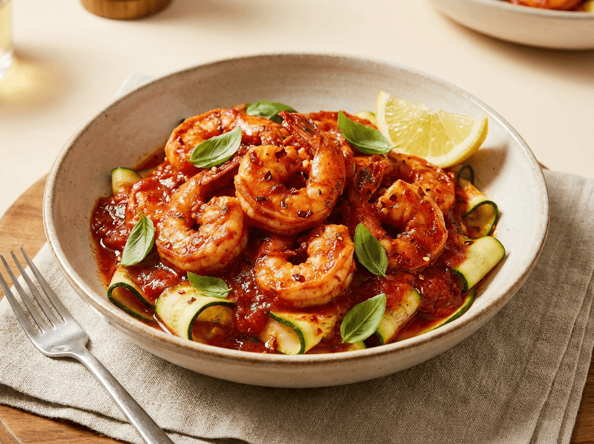 Shrimp fra diavolo with zucchini ribbons in spicy tomato sauce