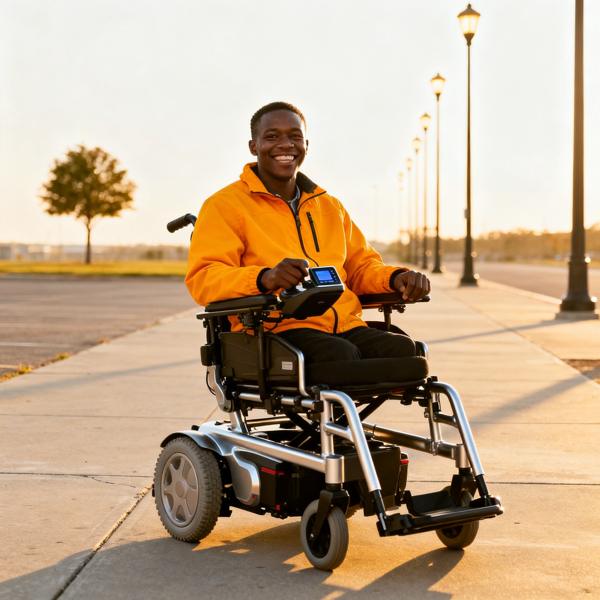 Young man in an orange jacket smiling while using a power wheelchair on a lamp-lined walkway at sunset