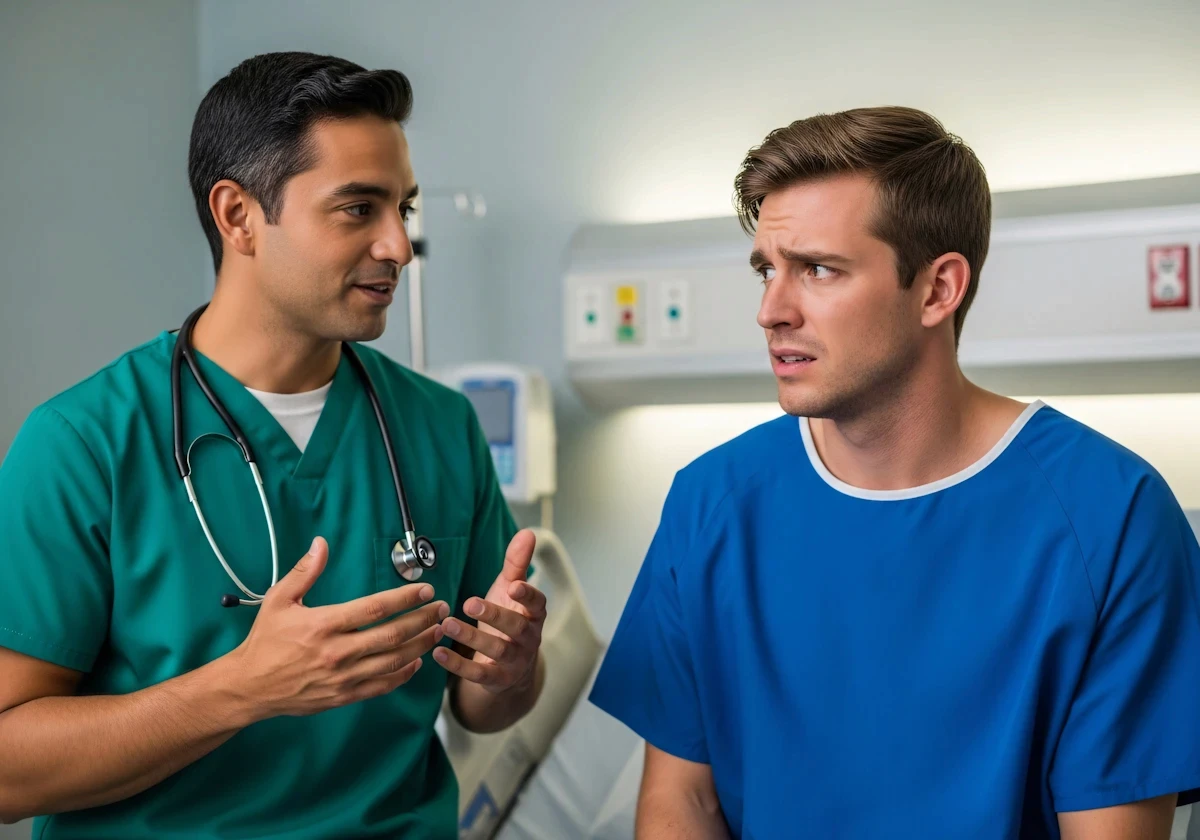A doctor in green scrubs, with a stethoscope, talks to a concerned male patient in a blue gown in a hospital room, creating a serious tone.