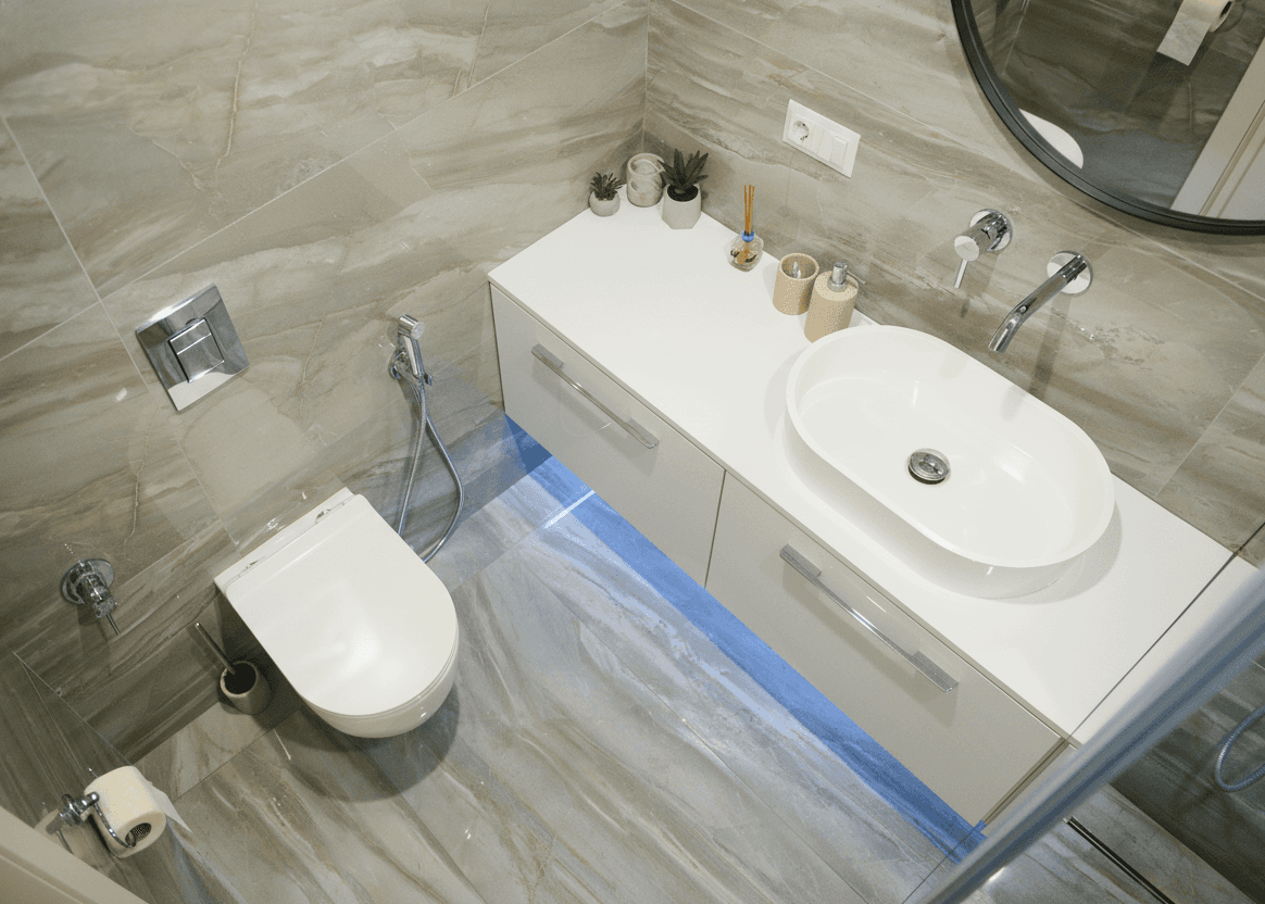 Modernes Badezimmer mit Wandfliesen, Hänge-WC und beleuchtetem Waschtisch.