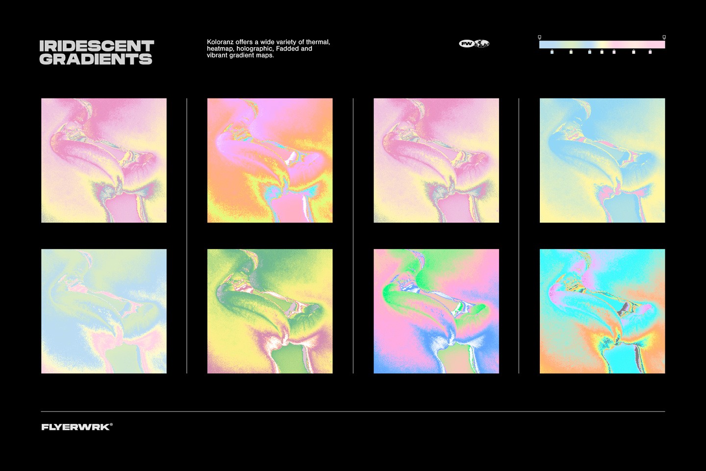 Collection of iridescent thermal and holographic gradient map presets applied to abstract organic design shapes