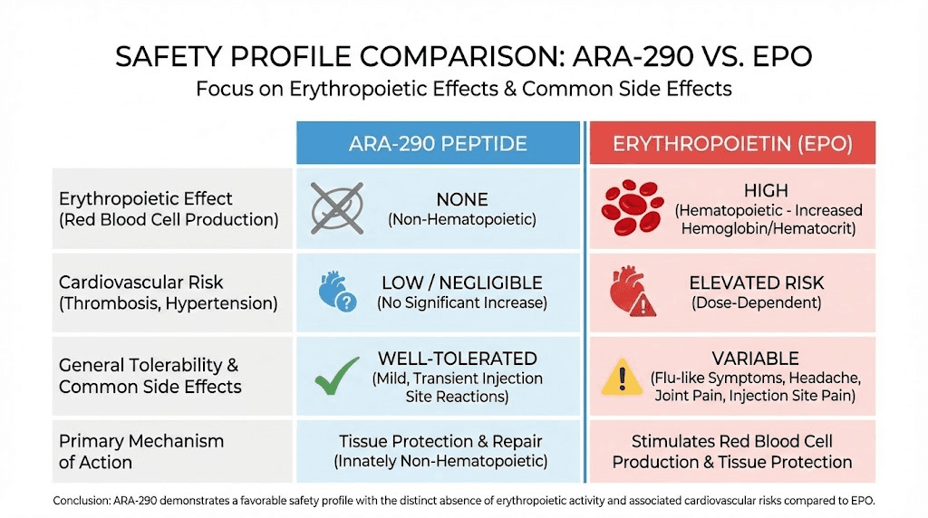 ARA-290 safety profile comparison showing no red blood cell stimulation risks