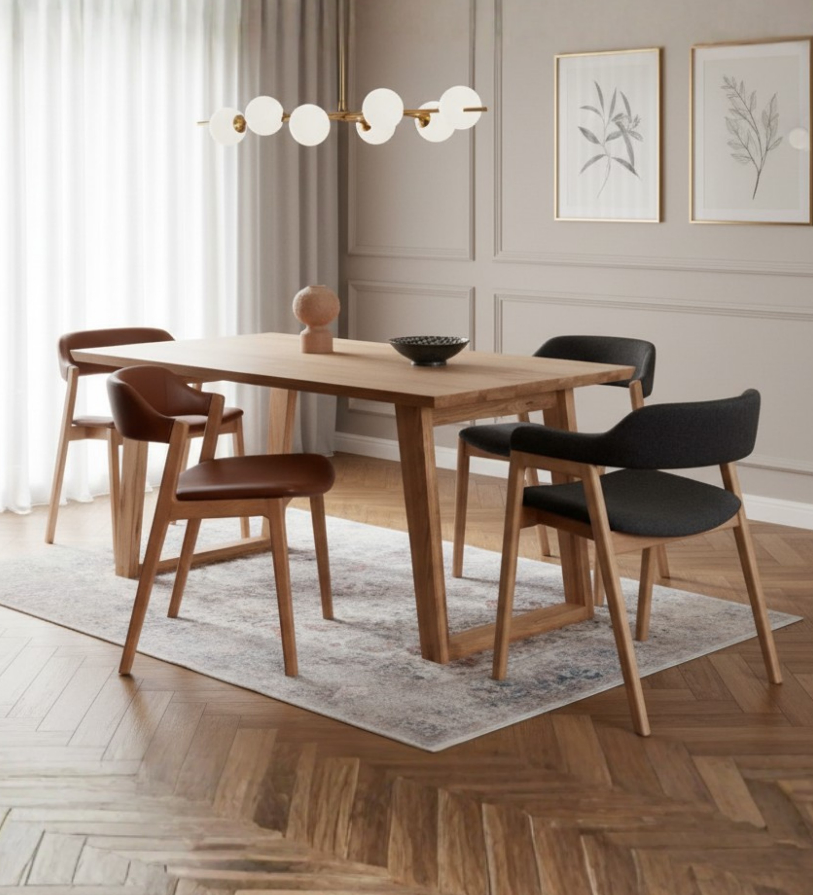 Luxury lounge seating with striped armchairs styled in a minimalist neutral interior