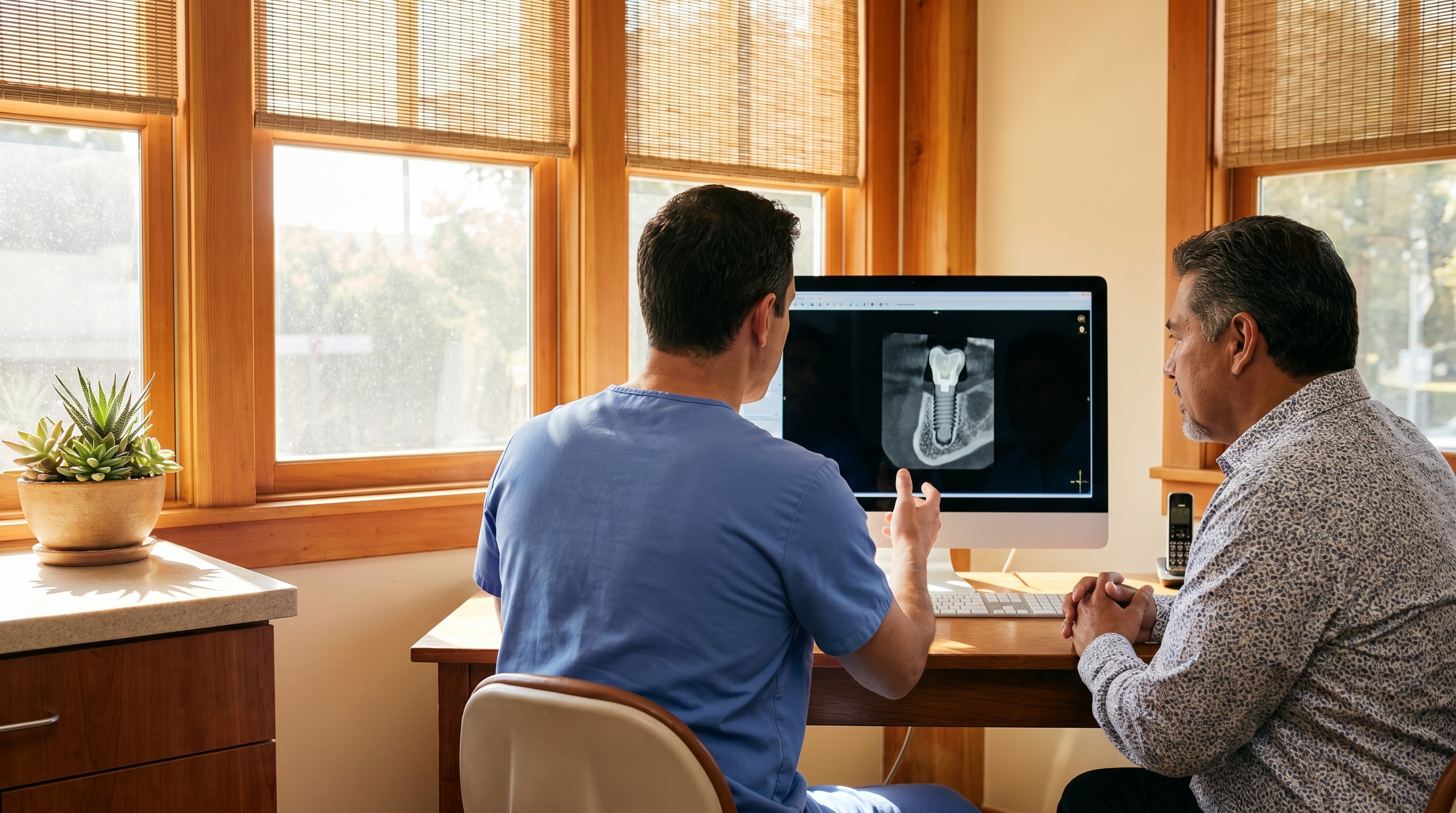 Dentist and patient reviewing a dental implant CBCT scan together in a sunlit Southern California consultation room