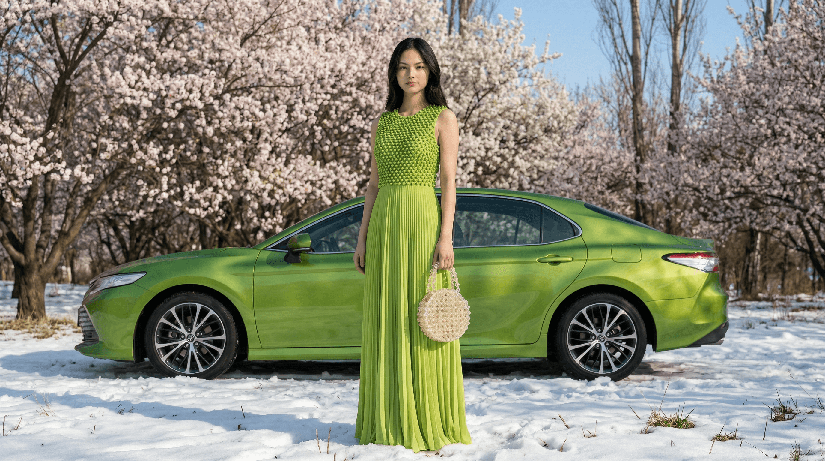Weibliches KI-Model in Jeansjacke vor urbaner Kulisse im warmen Abendlicht, entspannte Pose und dezenter Streetstyle für moderne, natürliche Ausstrahlung.