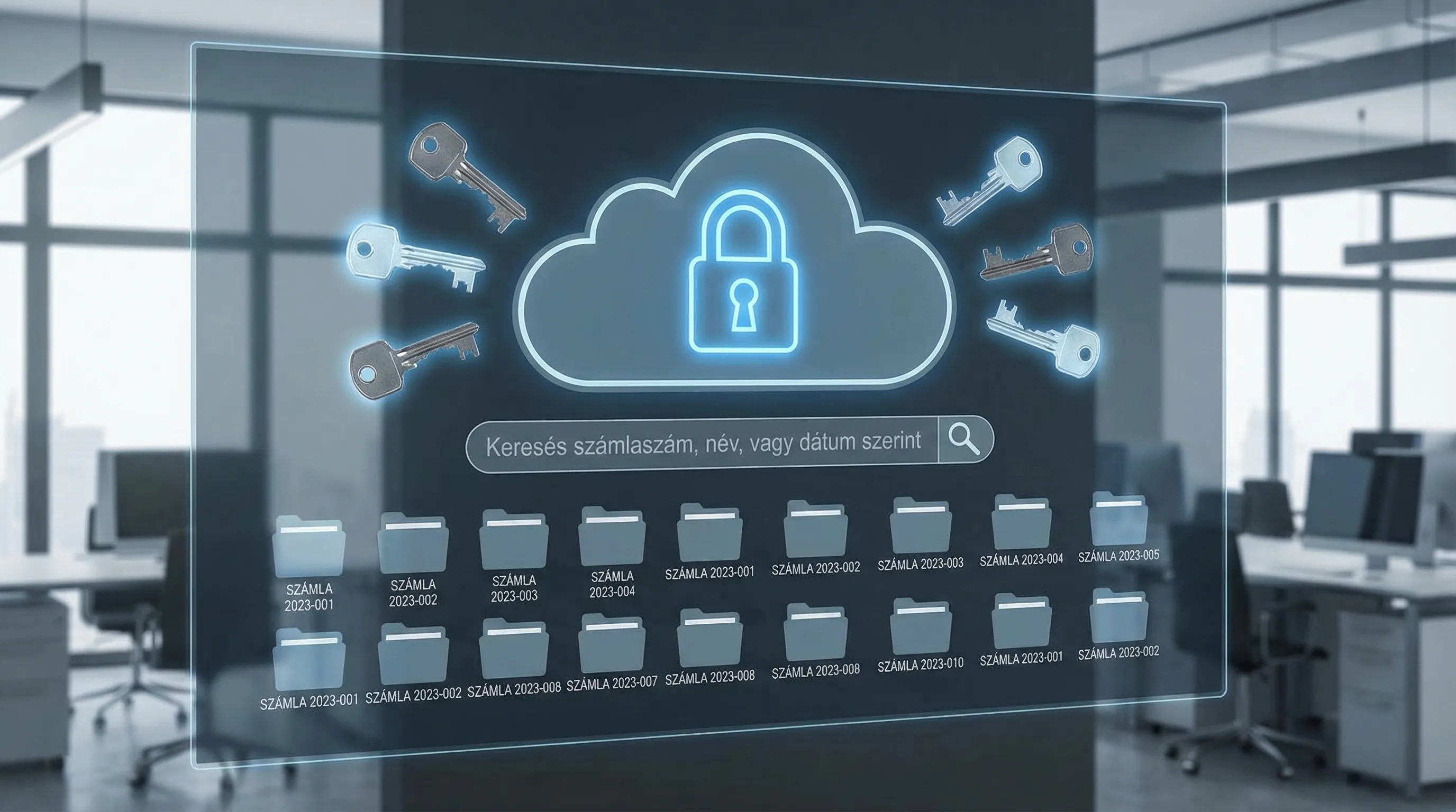Biztonságos digitális archiválás illusztrációja: zárt irattár jellegű felhő tárhely, jogosultsági kulcsok, keresőmező, mappák számlaszám szerint rendezve.
