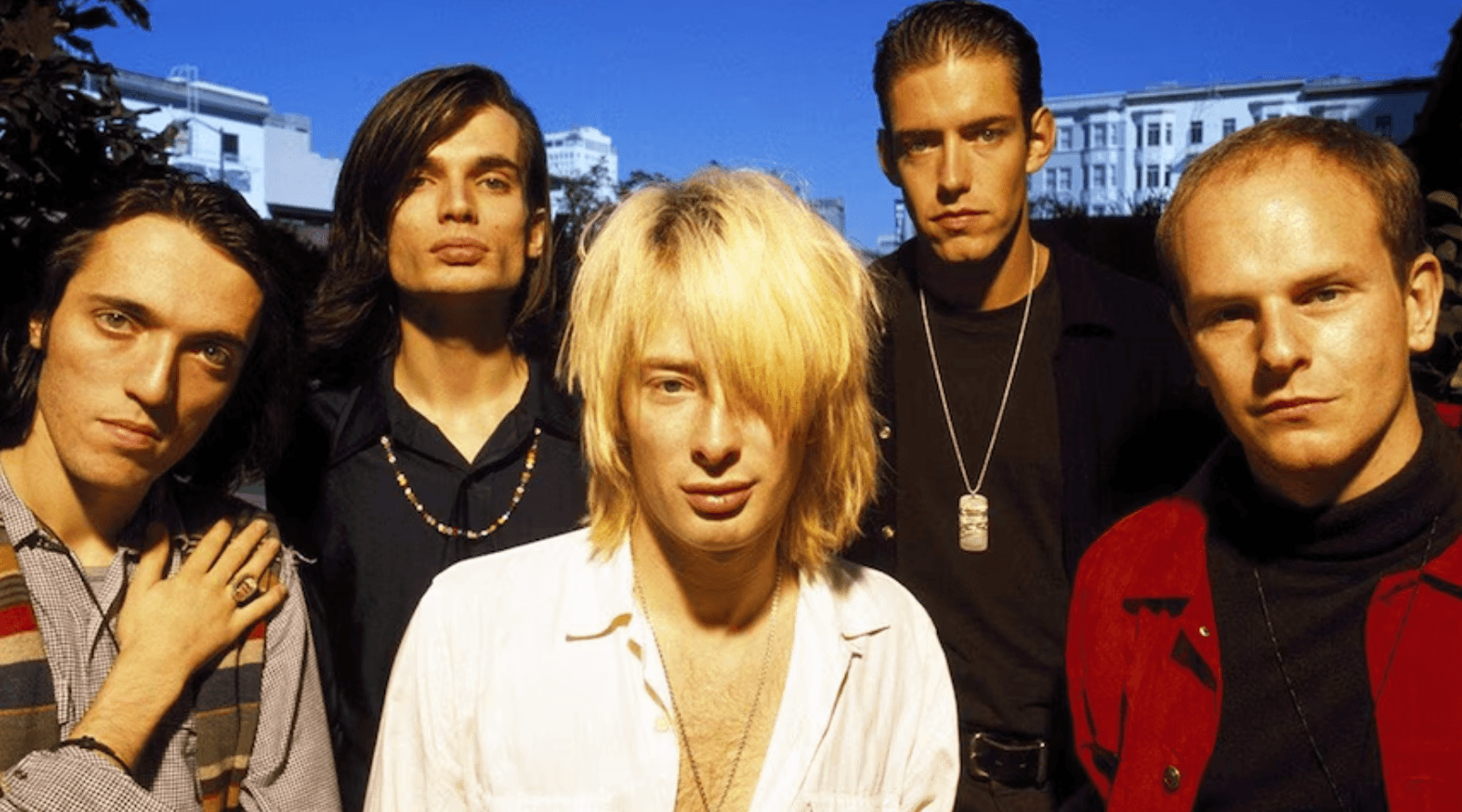 A color photo of Radiohead in the 1990s