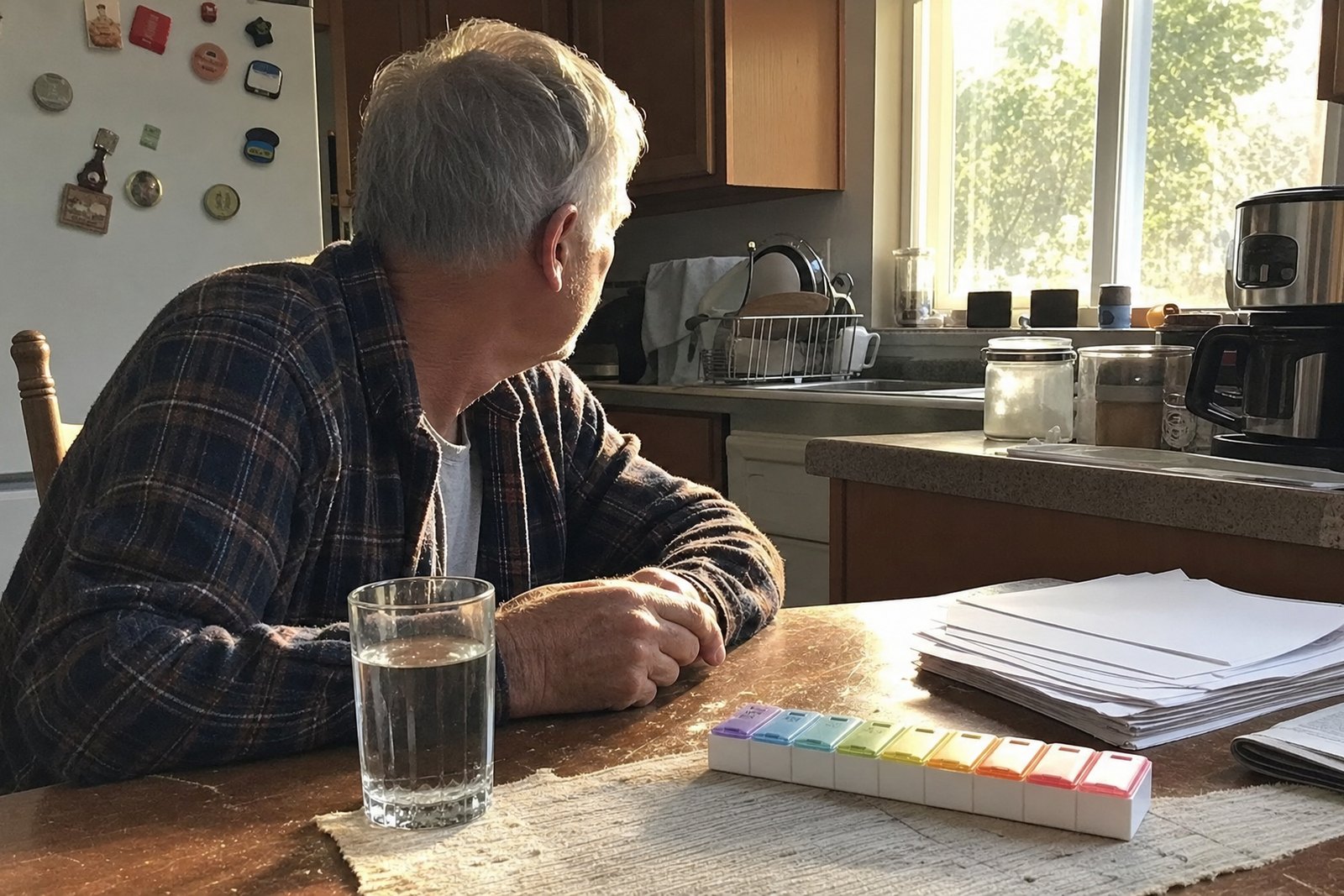 A man in his late sixties at a kitchen table in morning light, turned toward the window, a glass of water, a weekly pill organizer and a stack of blank papers in front of him.
