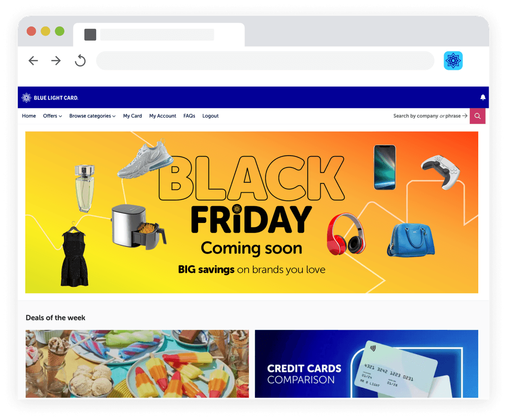 The Blue Light Card Chrome extension that pops up upon returning to the partner website after copying the discount code.