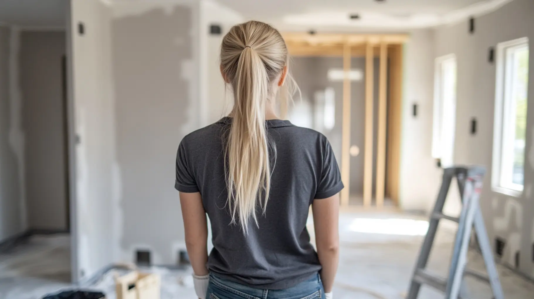 A young woman stands in a construction site looking at the area she is about to clean