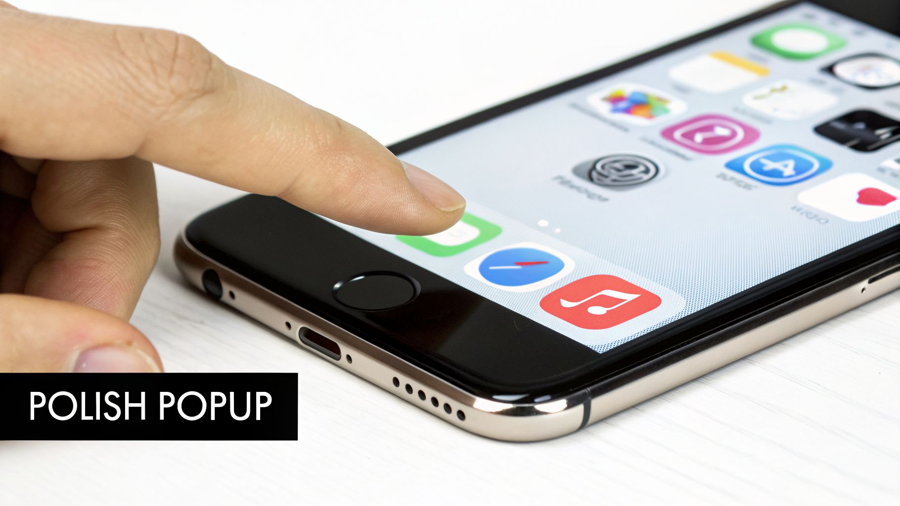 A close-up of a finger tapping a green app icon on a silver iPhone screen.