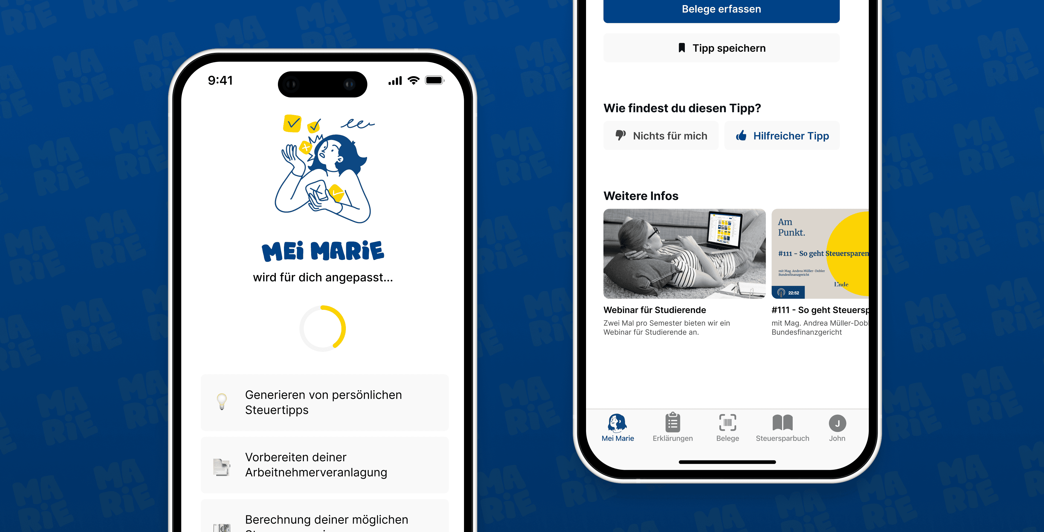 Smartphone-Screens der Steuer-App „Mei Marie“, die personalisierte Steuertipps und weitere Informationsangebote zeigen. Links der Ladebildschirm mit Illustration und dem Text „Mei Marie wird für dich angepasst“, darunter Funktionen wie persönliche Steuertipps oder Arbeitnehmerveranlagung. Rechts der Bereich zur Bewertung eines Tipps sowie zusätzliche Inhalte wie Webinare und Informationsvideos zur Steueroptimierung. Fokus auf personalisierte Steuerberatung und hilfreiche Ressourcen in der App.