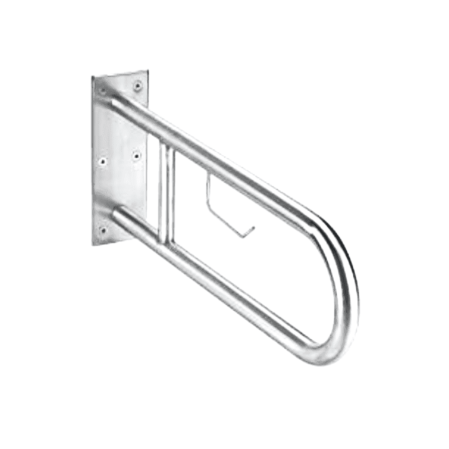 Silver towel bar mounted on a wall, featuring a sleek and modern design.