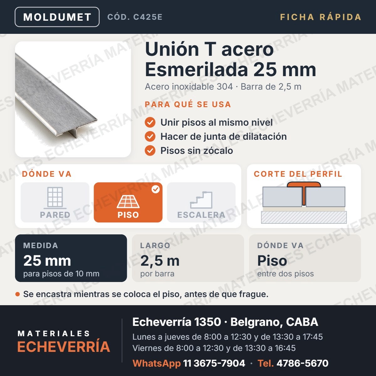 Ficha rápida de la unión T de acero inoxidable esmerilado de 25 mm: para qué sirve, medida, largo y dónde va. Materiales Echeverría, Echeverría 1350, Belgrano.