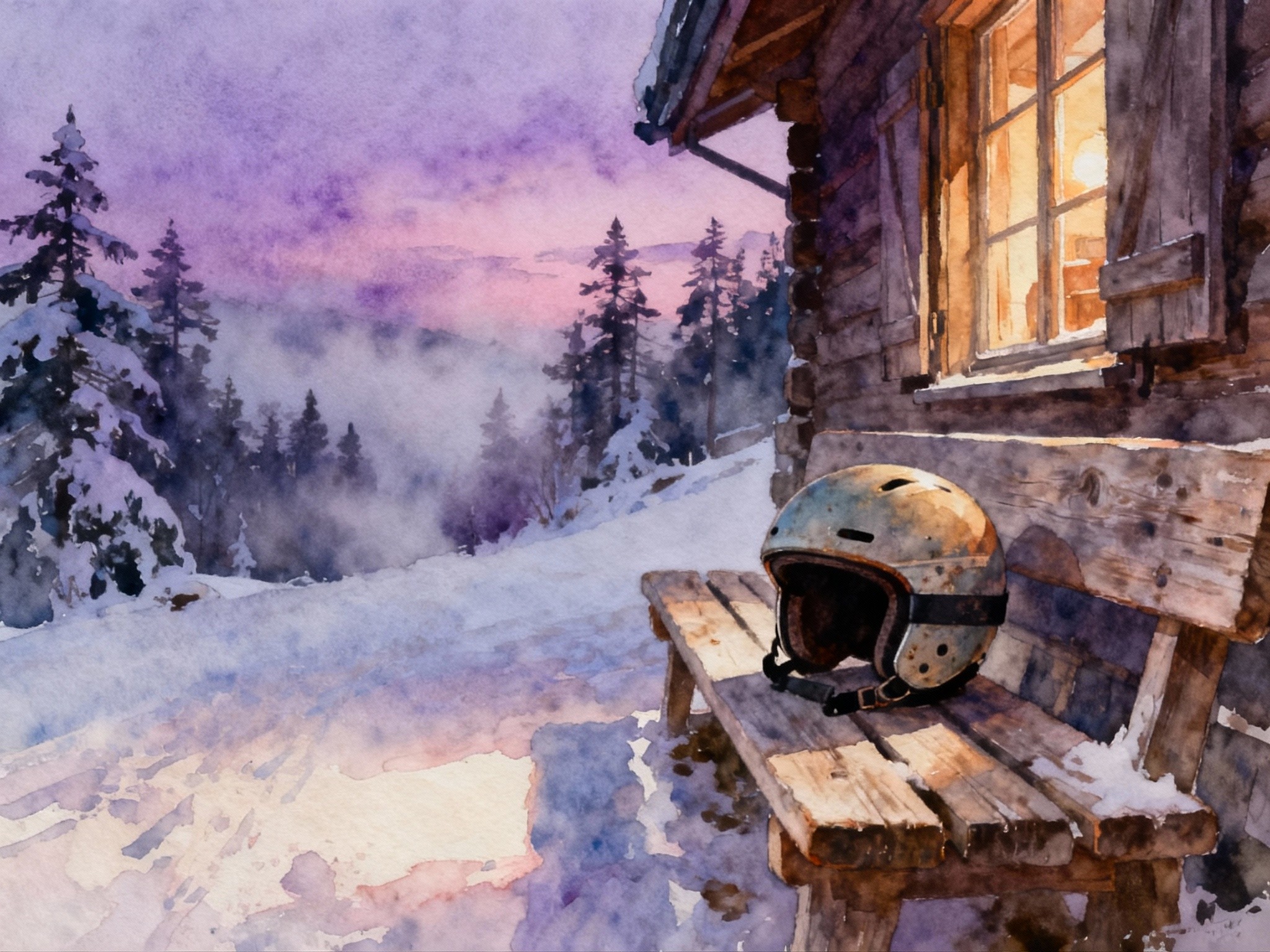 A tranquil illustration of a vintage-style ski helmet placed on a rustic wooden bench beside a cozy