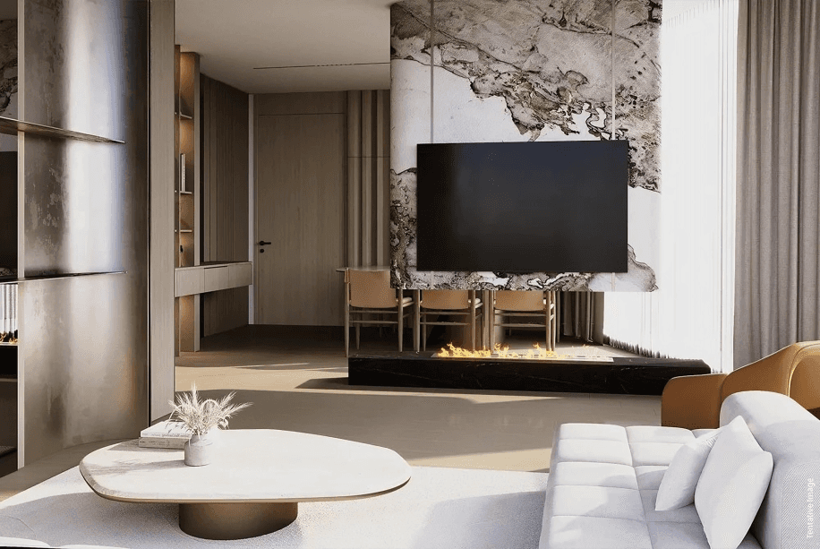 A modern living room featuring white furniture, blue accents, and views of sky terraces through large windows.
