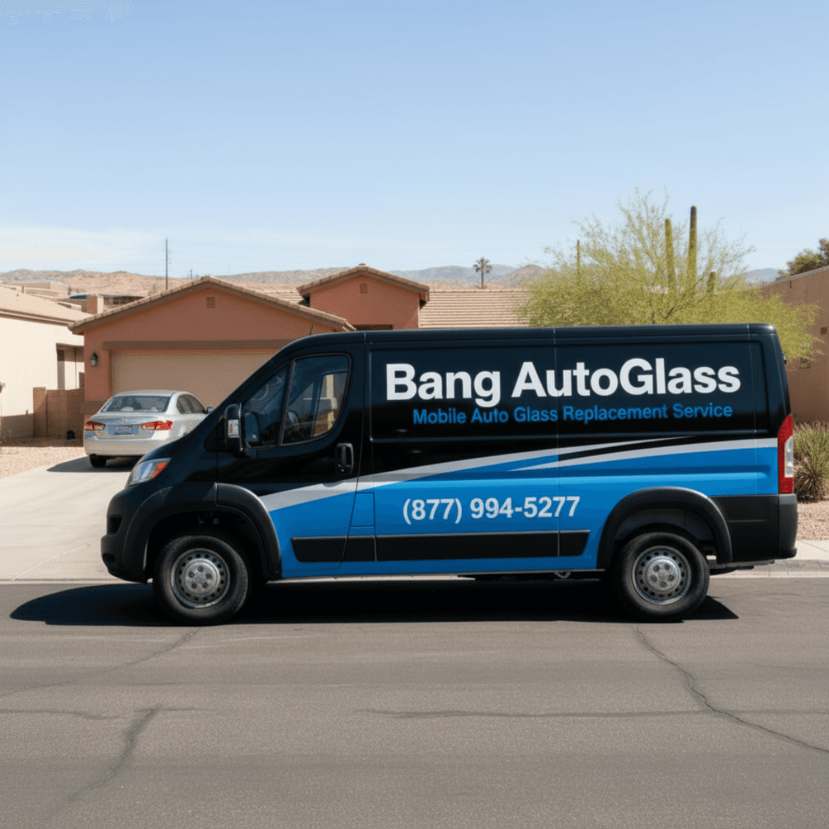 Bang AutoGlass van waiting in a Litchfield Park, AZ cul-de-sac before starting a customer's windshield replacement