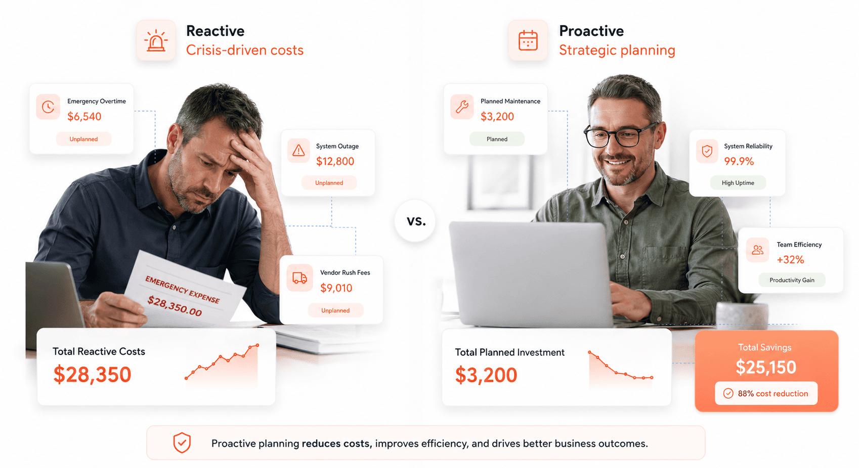 Comparison diagram showing expensive reactive IT operations versus cost-effective proactive infrastructure planning strategies