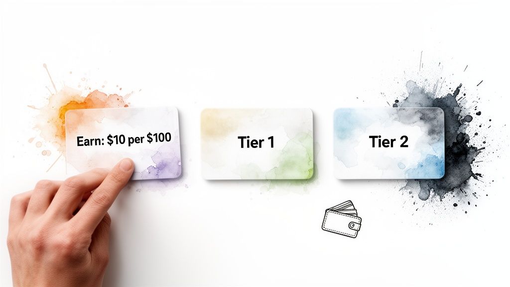 A hand points to a card showing 'Earn: $10 per $100' next to 'Tier 1' and 'Tier 2' cards, symbolizing a reward program.