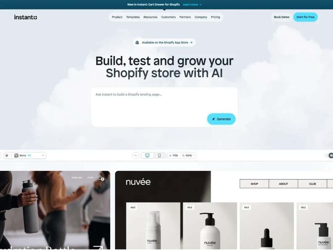Instant website hero section an input AI-powered input field, and the product 
