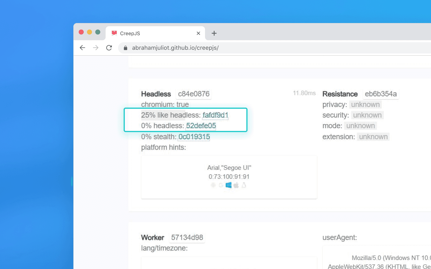 Advanced detection: CreepJS