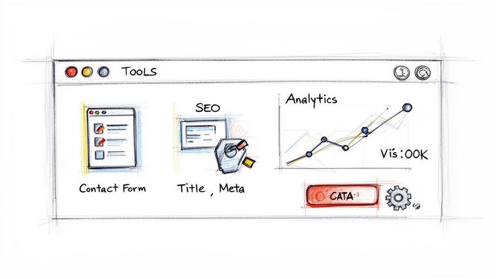 Hand-drawn sketch of a website admin panel with tools for contact forms, SEO, and analytics.