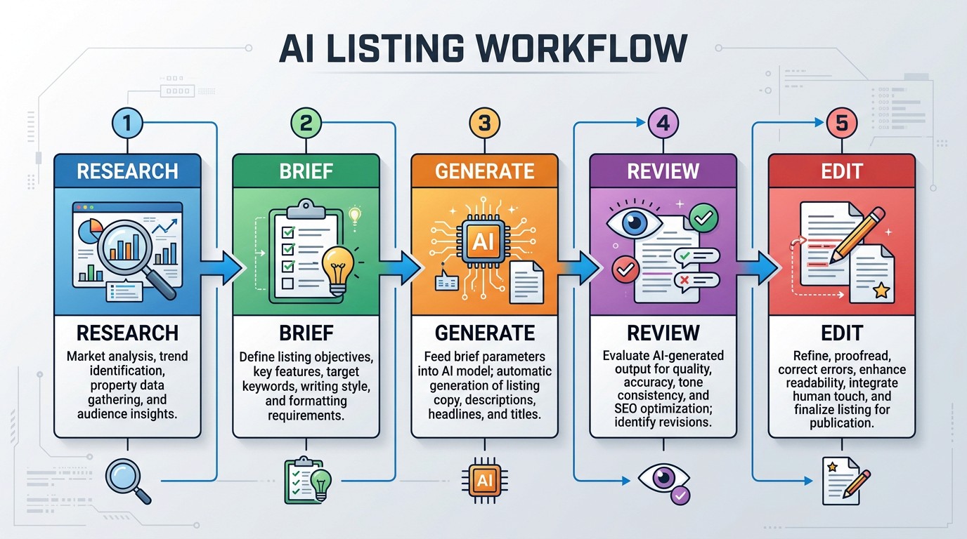 A horizontal infographic illustrates a five-step AI listing workflow. The title "AI LISTING WORKFLOW" is centered at the top. Each step is presented in a distinct colored box with a number in a circle above it and a descriptive title and text below. Blue represents "RESEARCH" with icons of a magnifying glass over a bar chart. Green represents "BRIEF" with icons of a clipboard and a lightbulb. Orange represents "GENERATE" with an AI chip icon and documents. Purple represents "REVIEW" with an eye icon and checkmarks. Red represents "EDIT" with icons of documents and a pencil. Arrows connect the steps sequentially from left to right. Smaller icons related to each step are placed below the main boxes. The background is a light gray with subtle technological patterns.